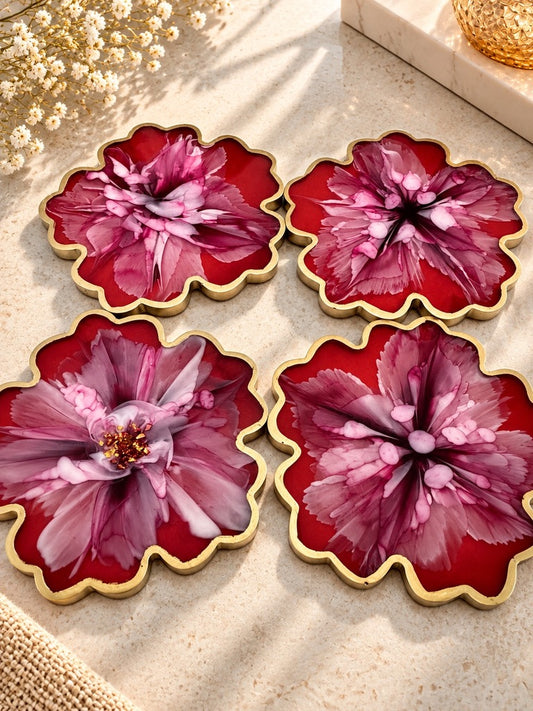Crimson Bloom Resin Coaster Set - Set of 4