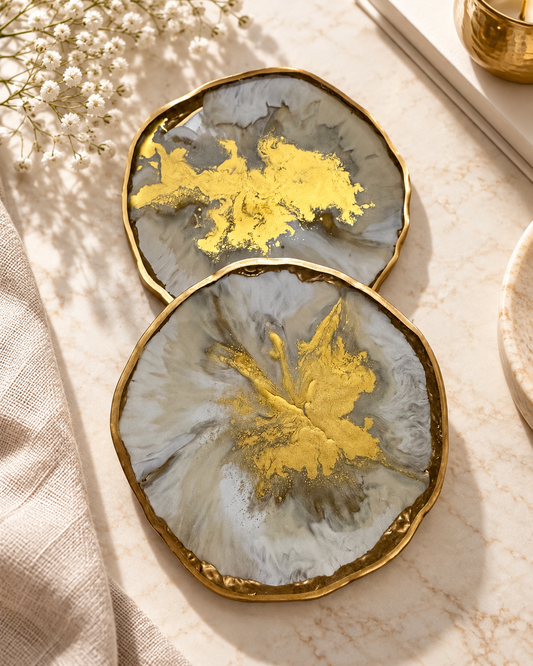 Reversible Ivory Marble & Gold Resin Coasters - Set of 2
