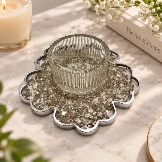 Silver Crystal Resin Candle Holder Tray Set