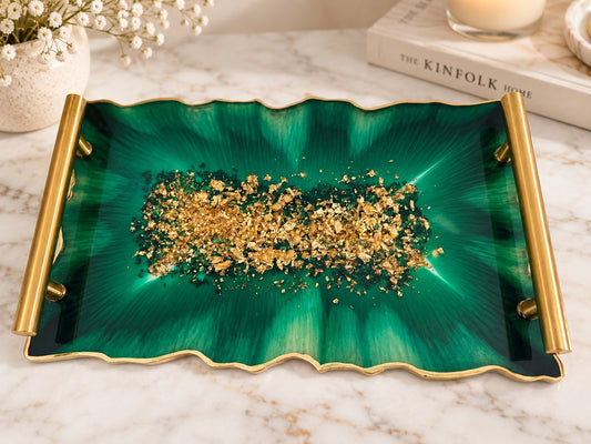 Emerald Green & Gold Resin Tray and Coaster Set - 5 Piece Set