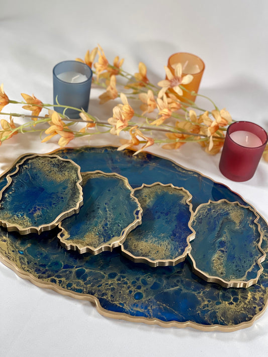 ABSTRACT BLUE & GOLD TRAY WITH COASTER SETS | HOME DECOR | HOME GIFT