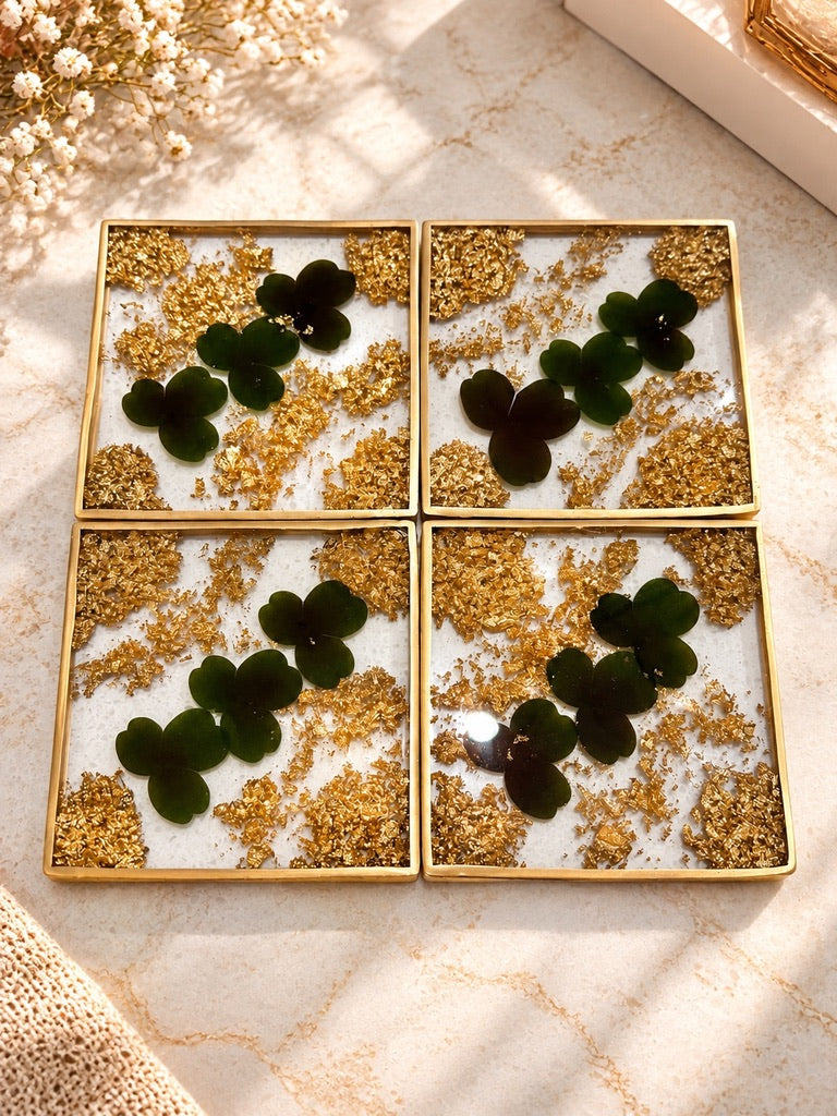 Irish Clover & Gold Resin Tray and Coaster Set - 5 Piece Set