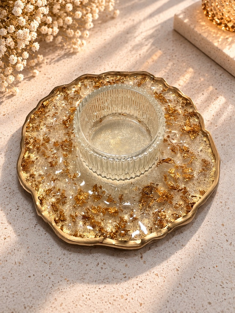 Crystal & Gold Resin Candle Holder Tray