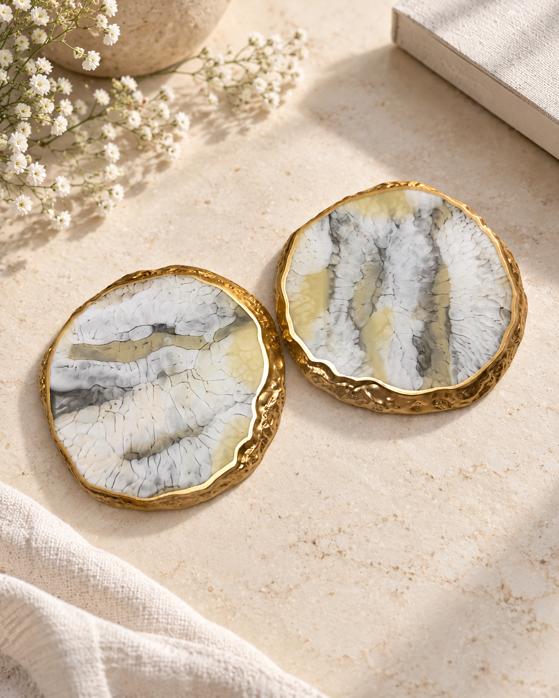 Reversible Ivory Marble & Gold Resin Coasters - Set of 2