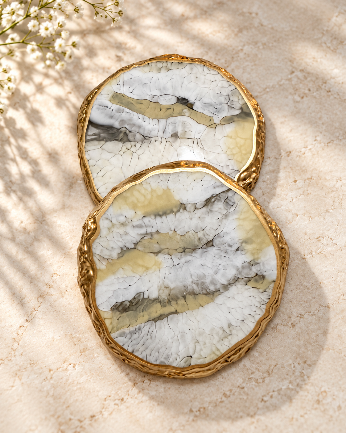 Reversible Ivory Marble & Gold Resin Coasters - Set of 2