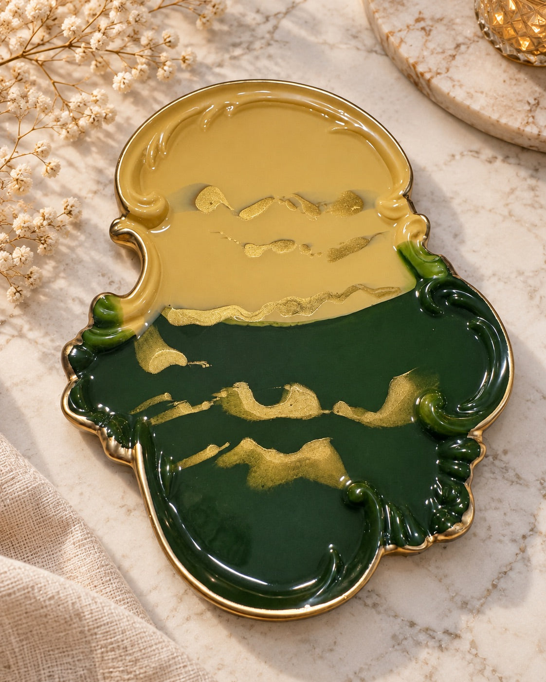 Emerald Green & Gold Ornate Resin Tray