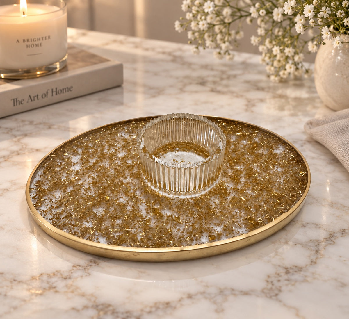 Crystal & Gold Resin Candle Holder - Tray Set