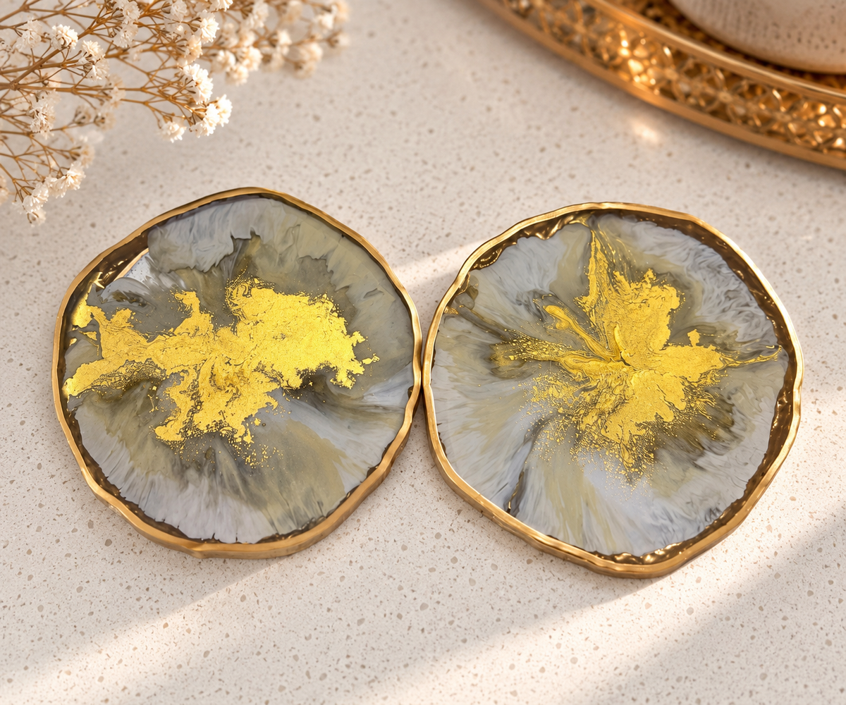 Reversible Ivory Marble & Gold Resin Coasters - Set of 2