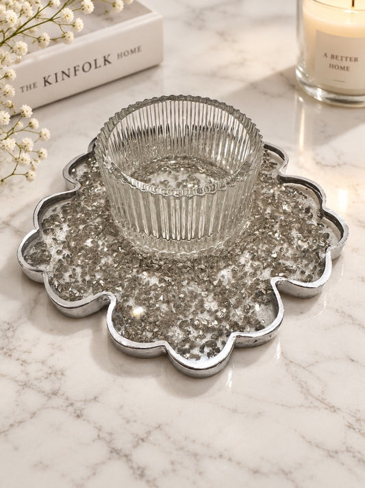 Silver Crystal Resin Candle Holder Tray Set