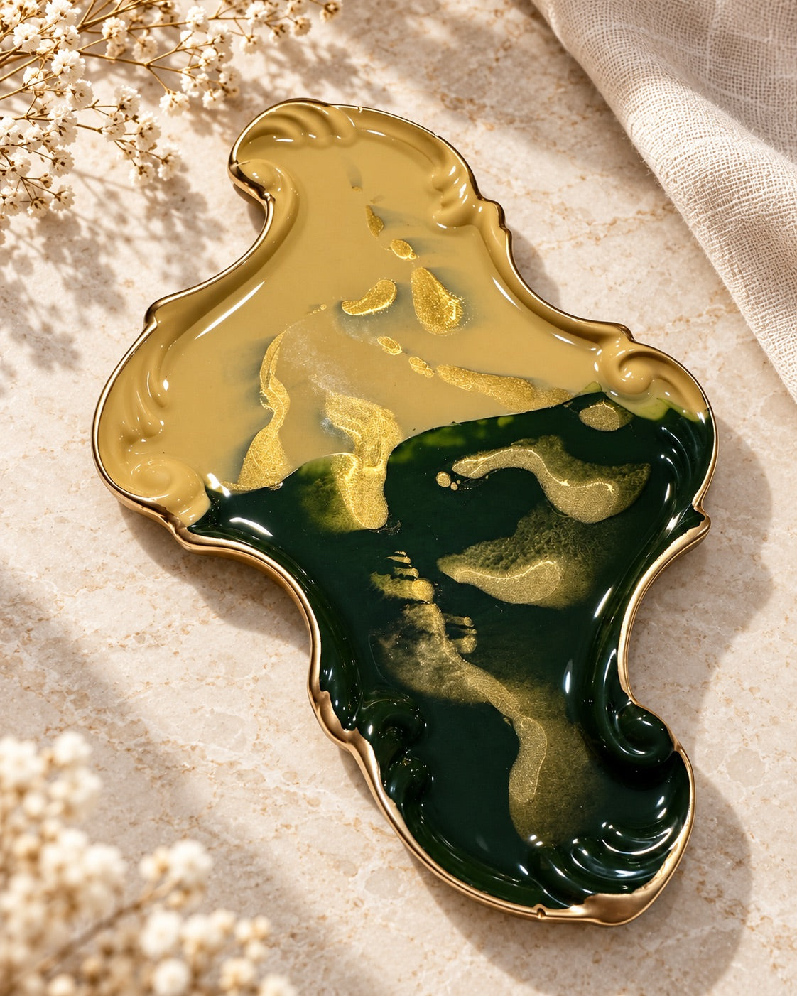 Forest Green & Gold Abstract Resin Tray