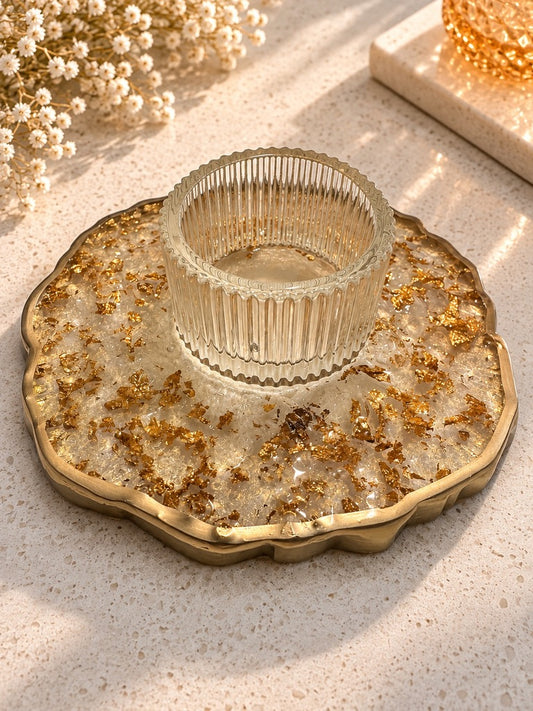 Crystal & Gold Resin Candle Holder Tray