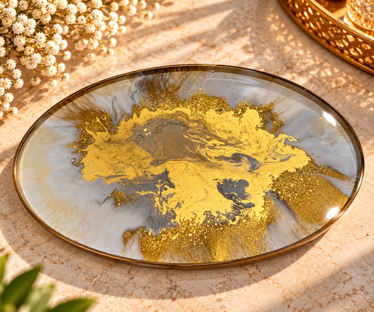 Ivory Marble & Gold Round Resin Tray