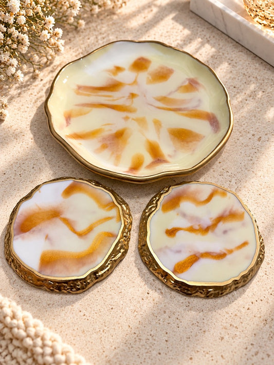 Blush Bloom & Gold Resin Tray and Coaster Set - 3 Piece Set