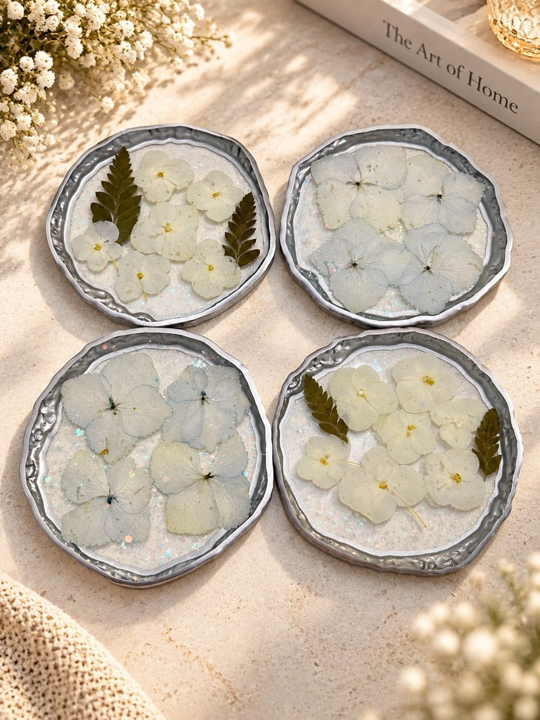 Pearl White Floral Resin Coasters - Set of 4