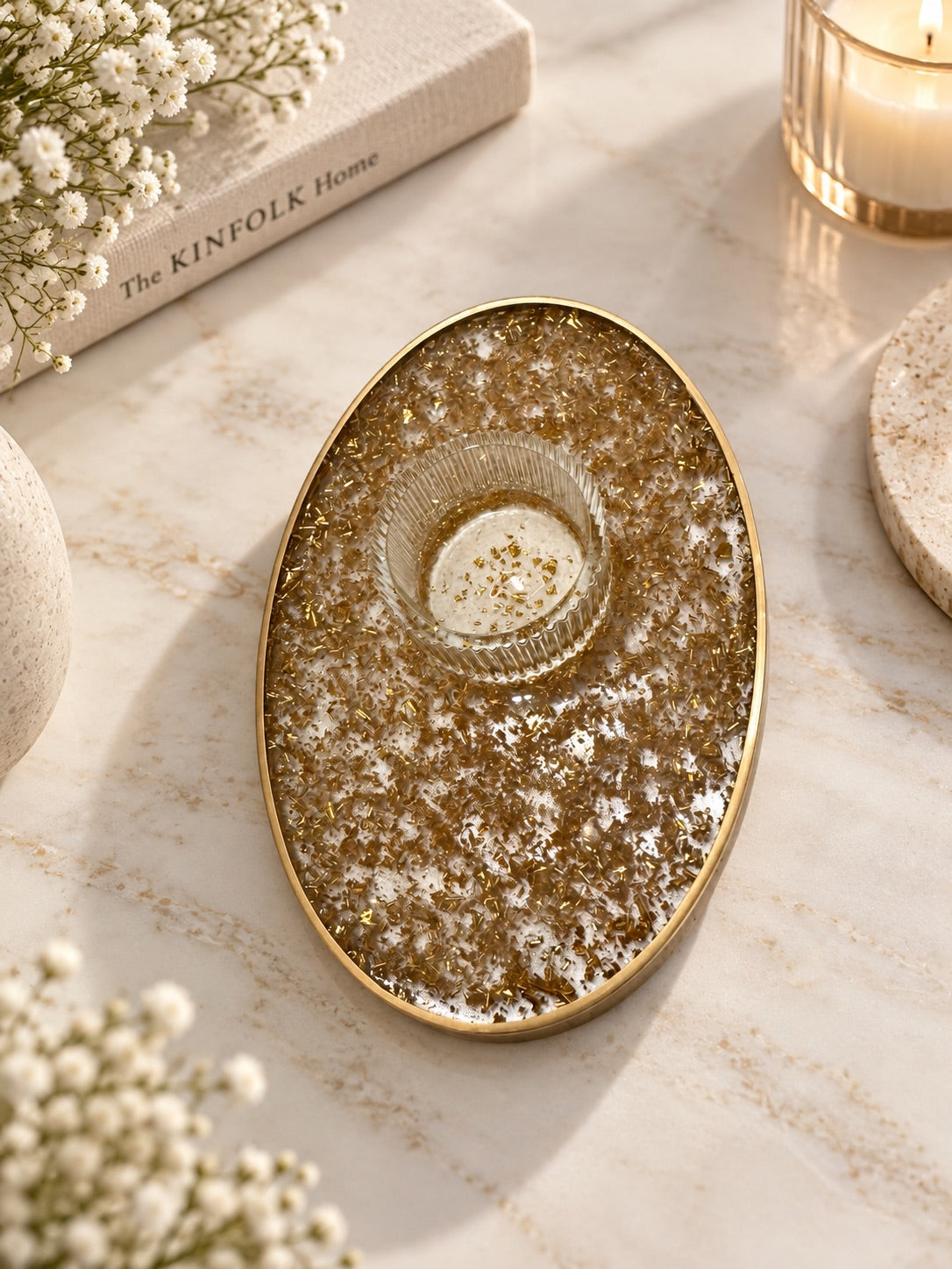 Crystal & Gold Resin Candle Holder - Tray Set
