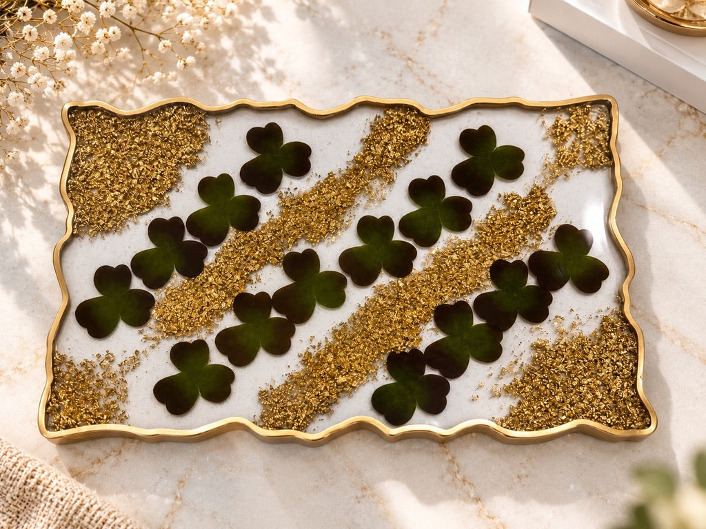 Irish Clover & Gold Resin Tray and Coaster Set - 5 Piece Set