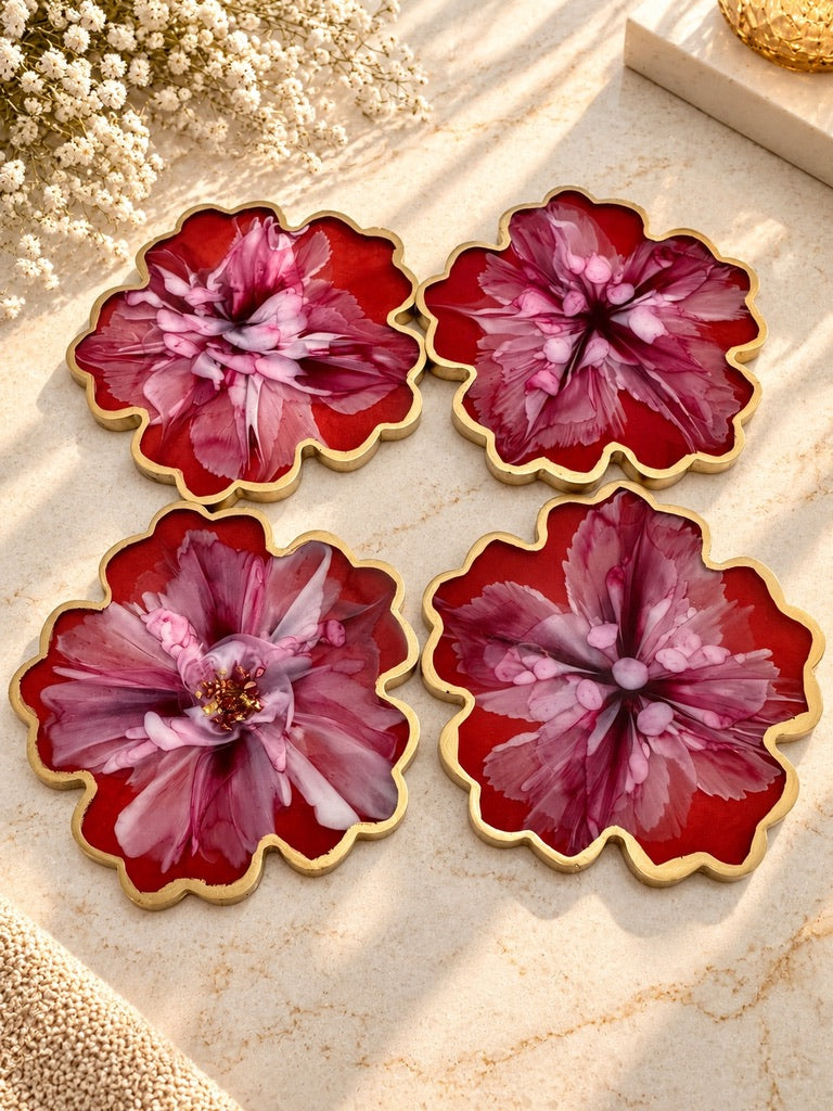 Crimson Bloom Resin Coaster Set - Set of 4