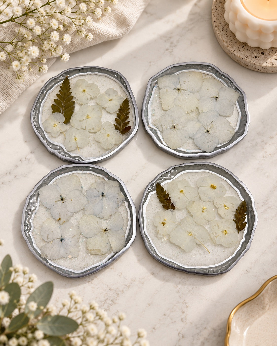 Pearl White Floral Resin Coasters - Set of 4