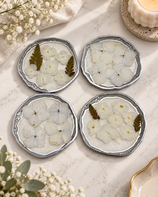 Pearl White Floral Resin Coasters - Set of 4
