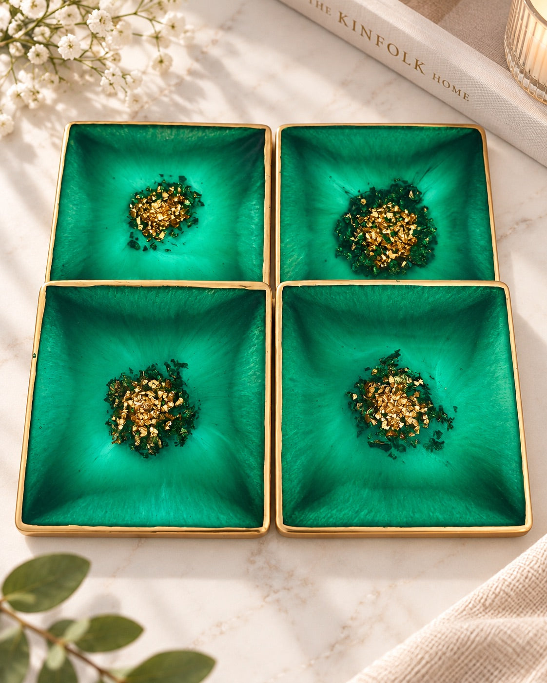 Emerald Green & Gold Resin Tray and Coaster Set - 5 Piece Set