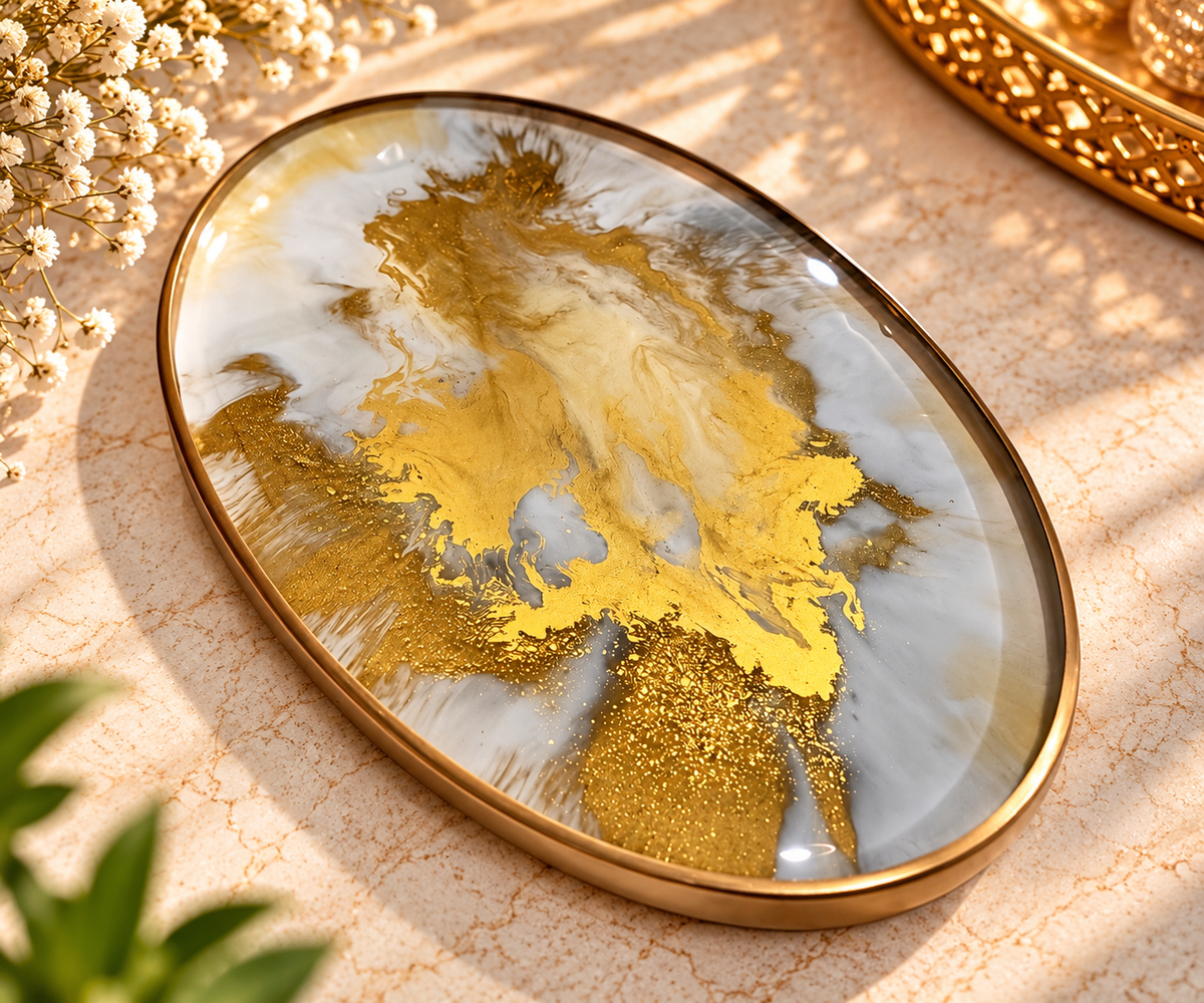 Ivory Marble & Gold Round Resin Tray