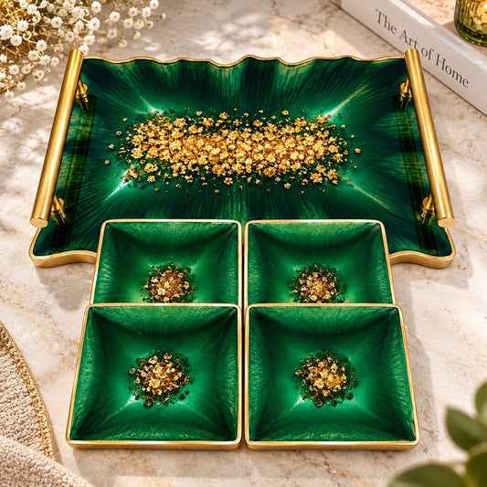 Emerald Green & Gold Resin Tray and Coaster Set - 5 Piece Set