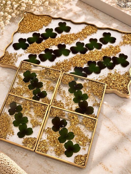 Irish Clover & Gold Resin Tray and Coaster Set - 5 Piece Set