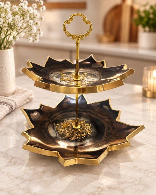 Smoky Black & Gold Two-Tier Resin Serving Stand
