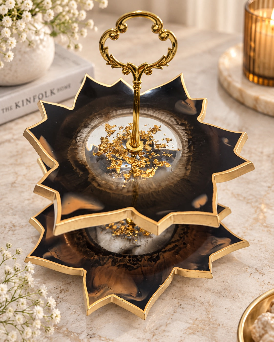 Smoky Black & Gold Two-Tier Resin Serving Stand