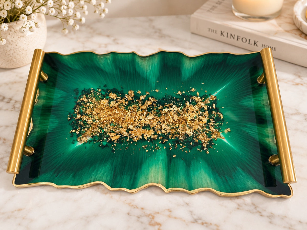 Emerald Green & Gold Resin Tray and Coaster Set - 5 Piece Set
