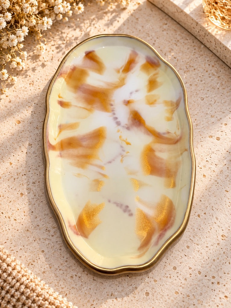 Ivory Blush & Gold Oval Resin Trinket Tray