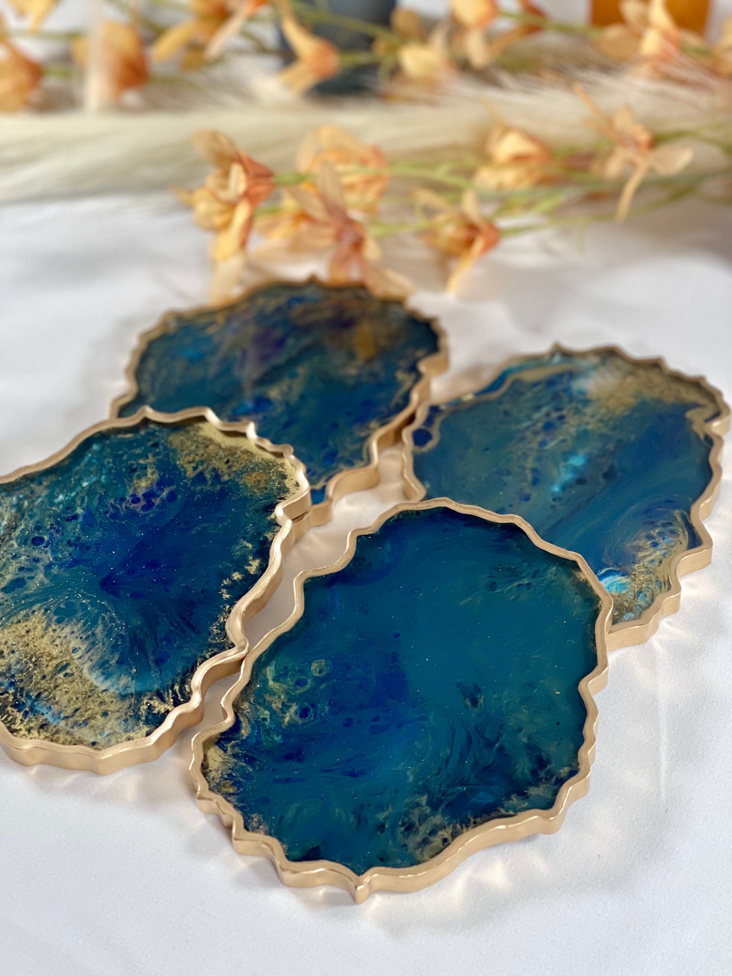 ABSTRACT BLUE & GOLD TRAY WITH COASTER SETS | HOME DECOR | HOME GIFT