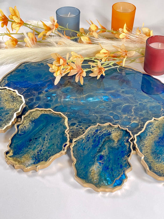 ABSTRACT BLUE & GOLD TRAY WITH COASTER SETS | HOME DECOR | HOME GIFT