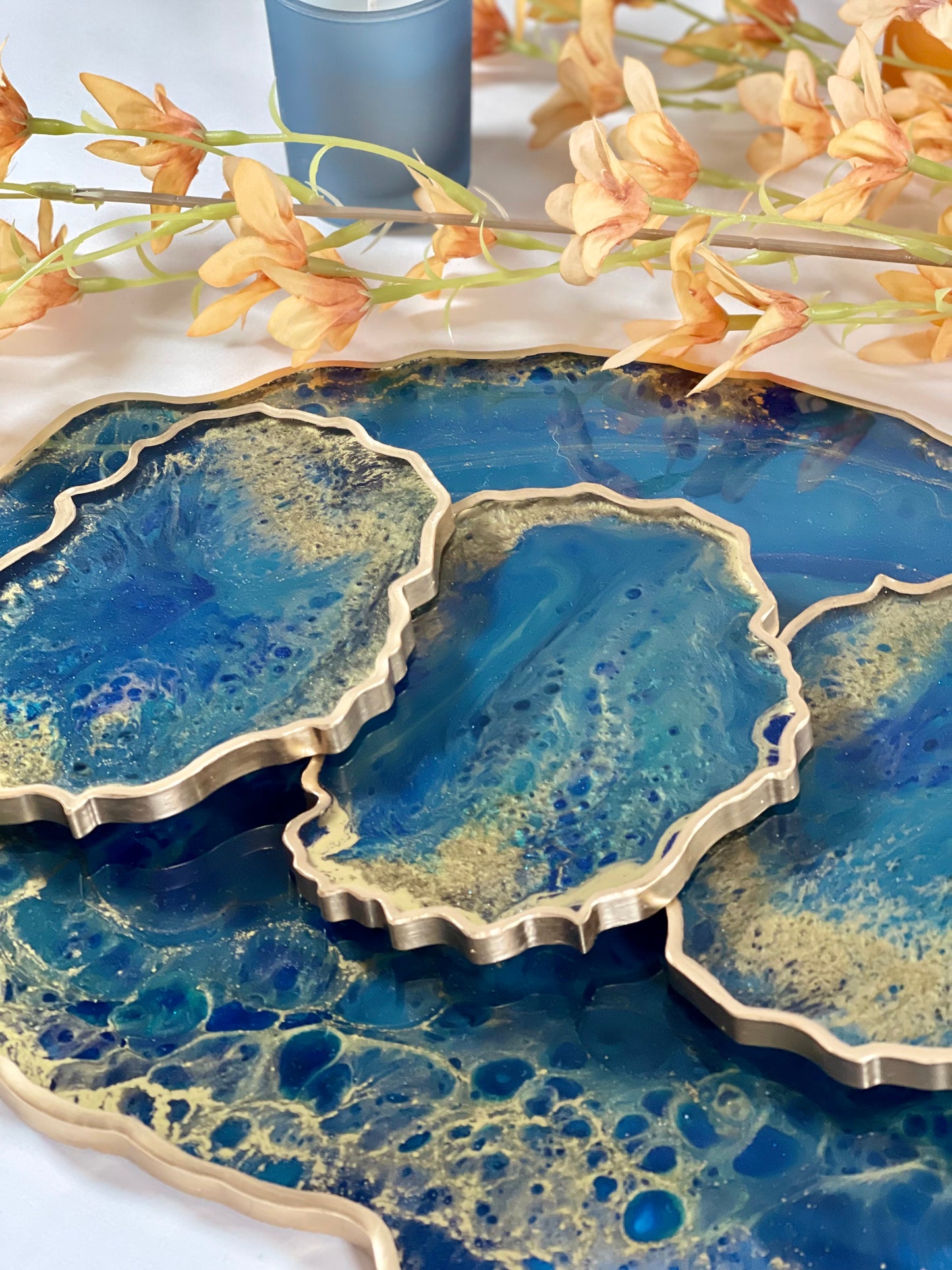 ABSTRACT BLUE & GOLD TRAY WITH COASTER SETS | HOME DECOR | HOME GIFT