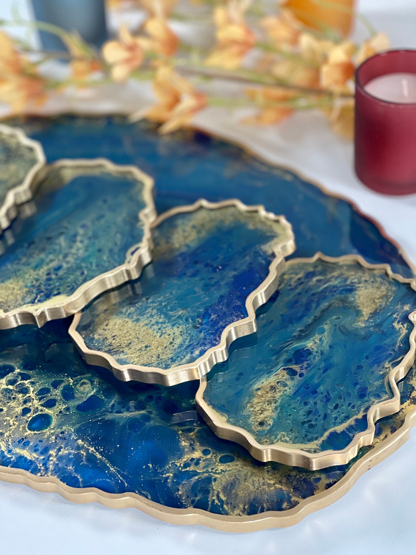 ABSTRACT BLUE & GOLD TRAY WITH COASTER SETS | HOME DECOR | HOME GIFT