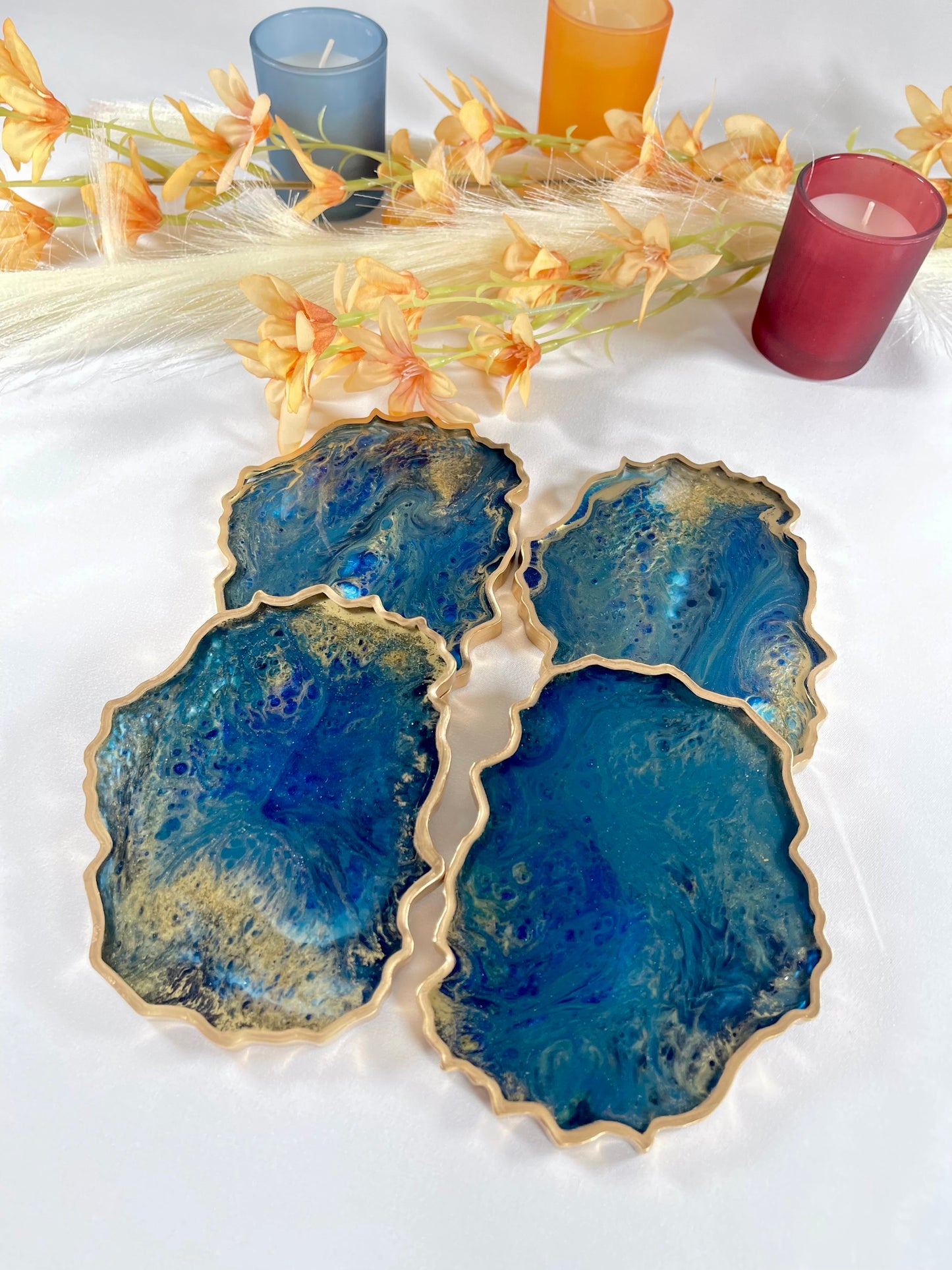 ABSTRACT BLUE & GOLD TRAY WITH COASTER SETS | HOME DECOR | HOME GIFT