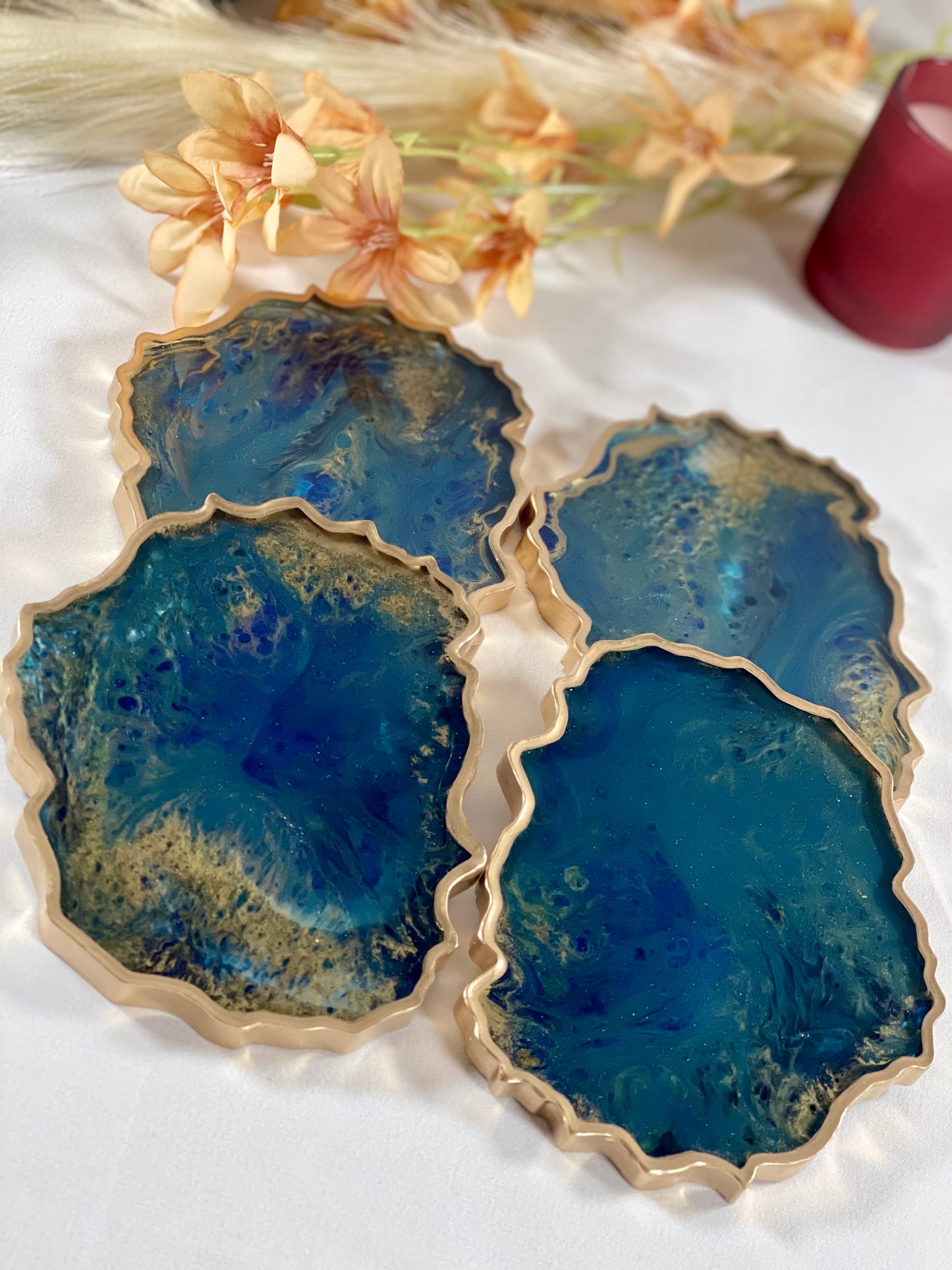 ABSTRACT BLUE & GOLD TRAY WITH COASTER SETS | HOME DECOR | HOME GIFT