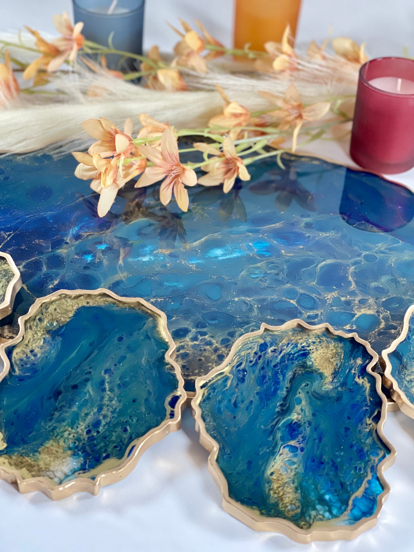 ABSTRACT BLUE & GOLD TRAY WITH COASTER SETS | HOME DECOR | HOME GIFT