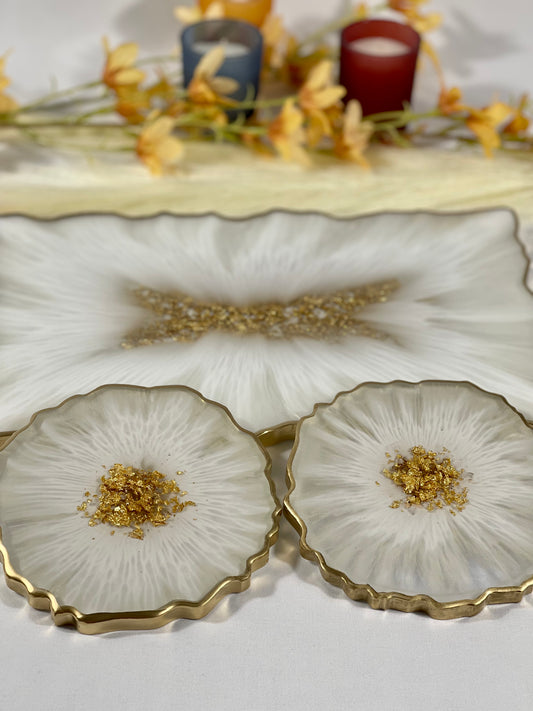 MAGIC GOLD & OFF WHITE TRAY WITH COASTER SET | HOME DECOR | HOME GIFT